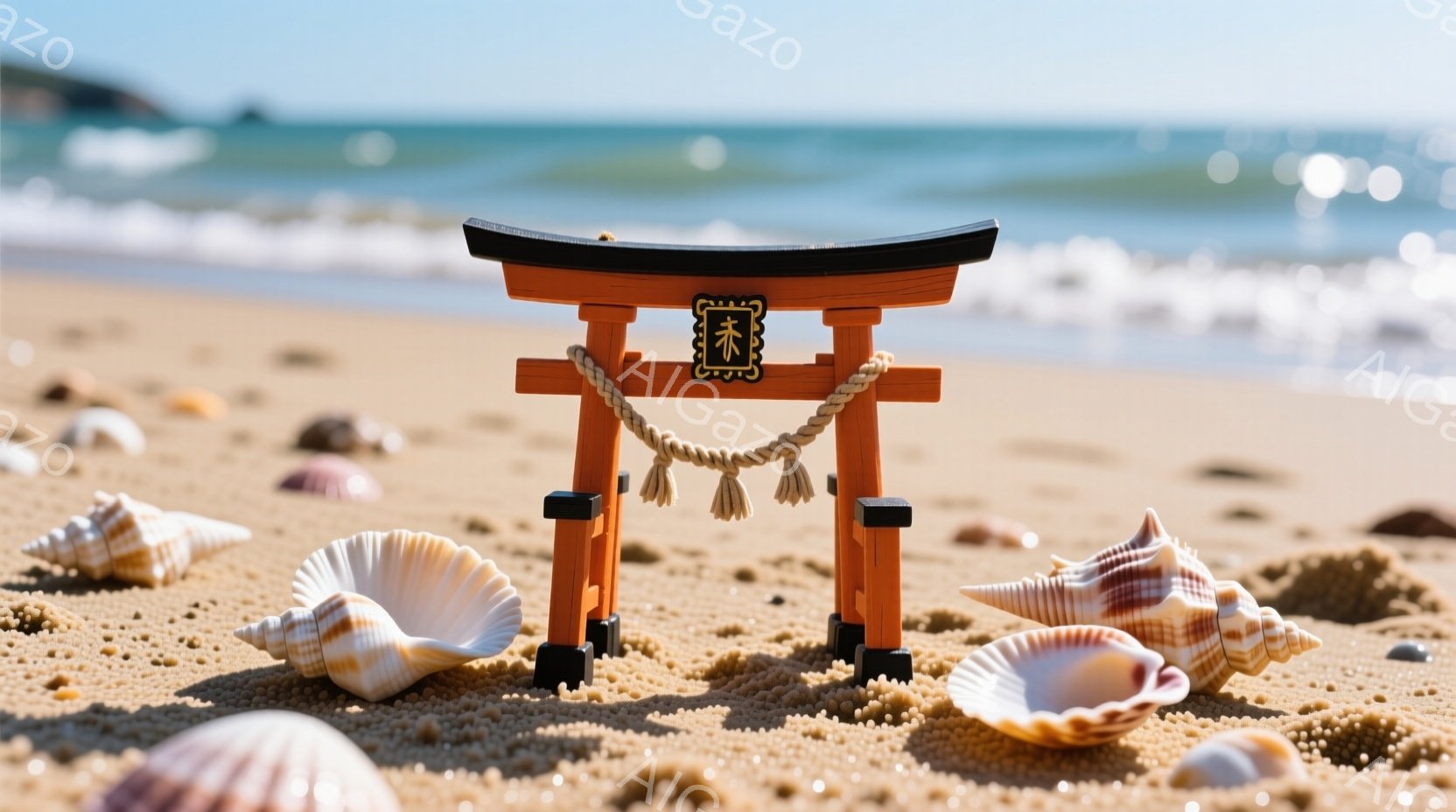 砂浜に小さな鳥居が置かれており、周囲には様々な貝殻が散らばっています。鳥居はオレンジ色で、黒い台座の上に立っており、麻紐で結ばれています。背景には穏やかな青い海と、白い波が広がり、晴れた日の穏やかな雰 - AI生成フリー素材