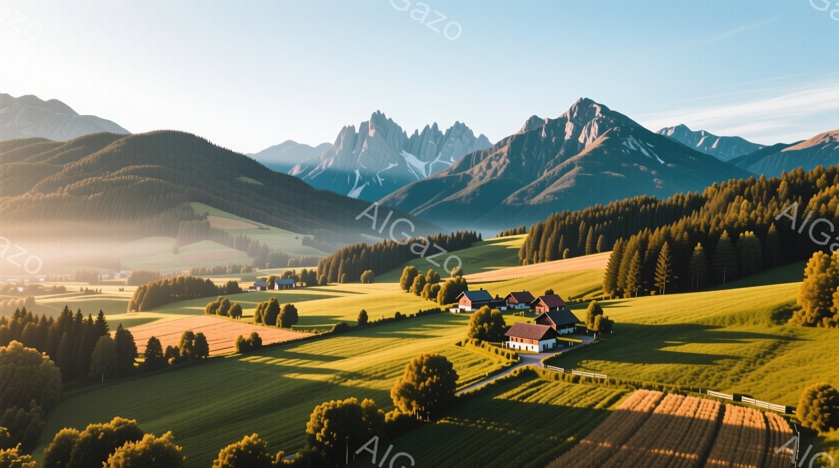 広大な緑の丘陵地帯に点在する可愛らしい家々が印象的な風景です。遠景には険しい山々がそびえ立ち、朝日が丘陵地帯に差し込み、美しい影を作り出しています。全体的に穏やかで平和な雰囲気が漂い、のどかな田園風景が広がっています。