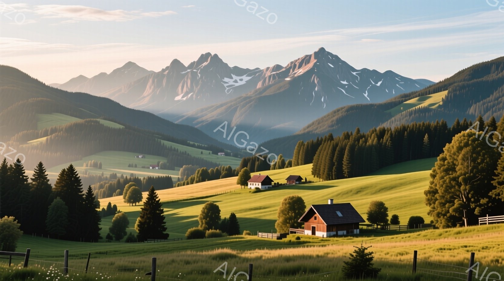 広大な緑の丘陵地帯に、可愛らしい木造の家々が点在している風景です。背景には雪を抱いた険しい山々が連なり、澄んだ空気と柔らかい光が、穏やかで牧歌的な雰囲気を醸し出しています。早朝か夕暮れ時のようで、全体的に暖かく、心が安らぐような情景です。