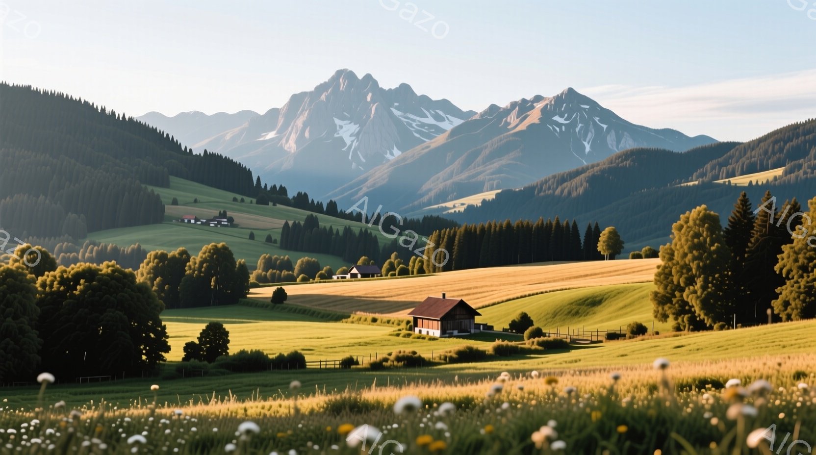 広大な緑の丘陵地帯が広がり、遠くには雪を抱いた山々がそびえ立っている。丘の上には可愛らしい木造の家々が点在し、周囲には花々が咲き乱れる牧草地が広がっている。穏やかな日差しと緑豊かな自然が、平和で牧歌的 - AI生成フリー素材