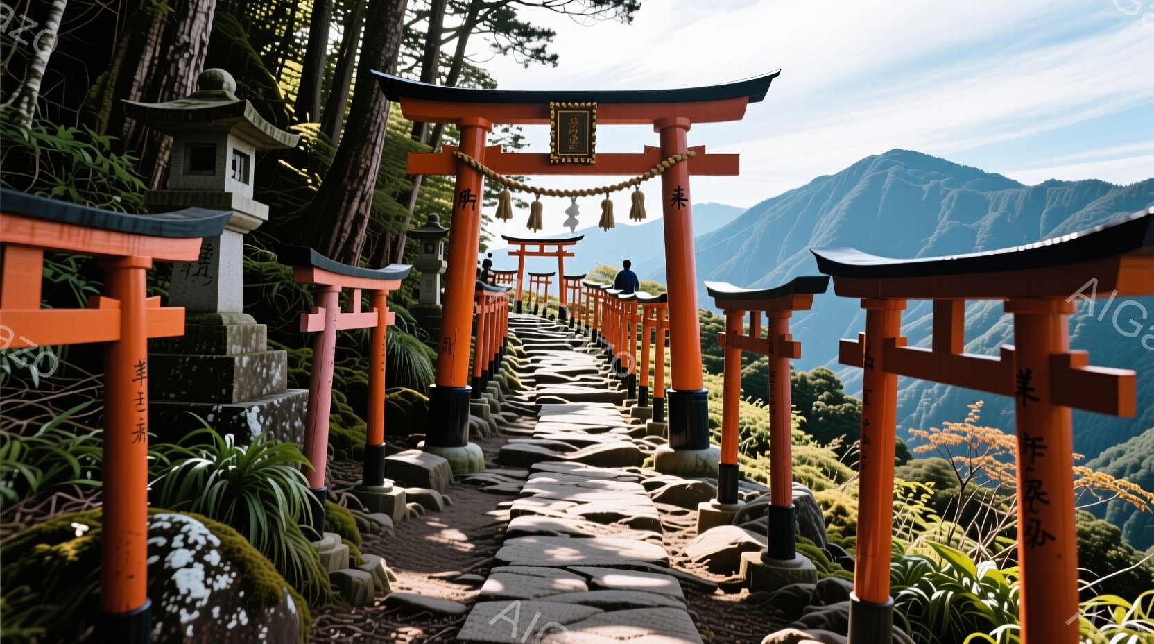朱色の鳥居が連なる参道が、山の斜面に沿って長く伸びています。参道は石畳で覆われ、両脇には緑豊かな植生が茂り、遠くには山々が連なっています。一人の人物が鳥居のトンネルの中を歩いており、静寂で神秘的な雰囲 - AI生成フリー素材