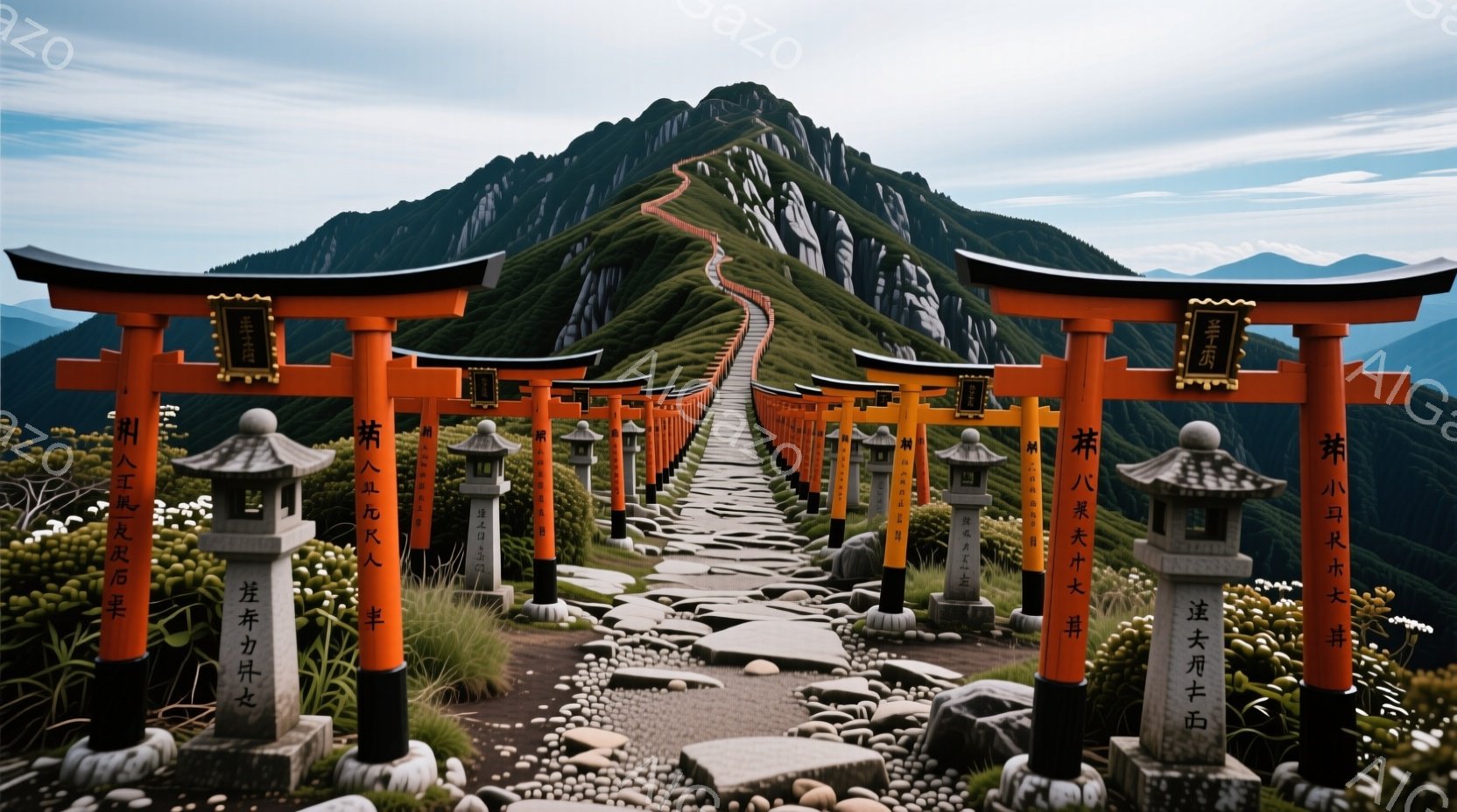 朱色の鳥居が連なる道が、緑豊かな山々へと続く風景です。鳥居には墨で書かれた文字が刻まれ、石灯籠が道の両脇に並んでいます。空は曇り空で、全体的に静かで神秘的な雰囲気が漂っています。 - AI生成フリー素材