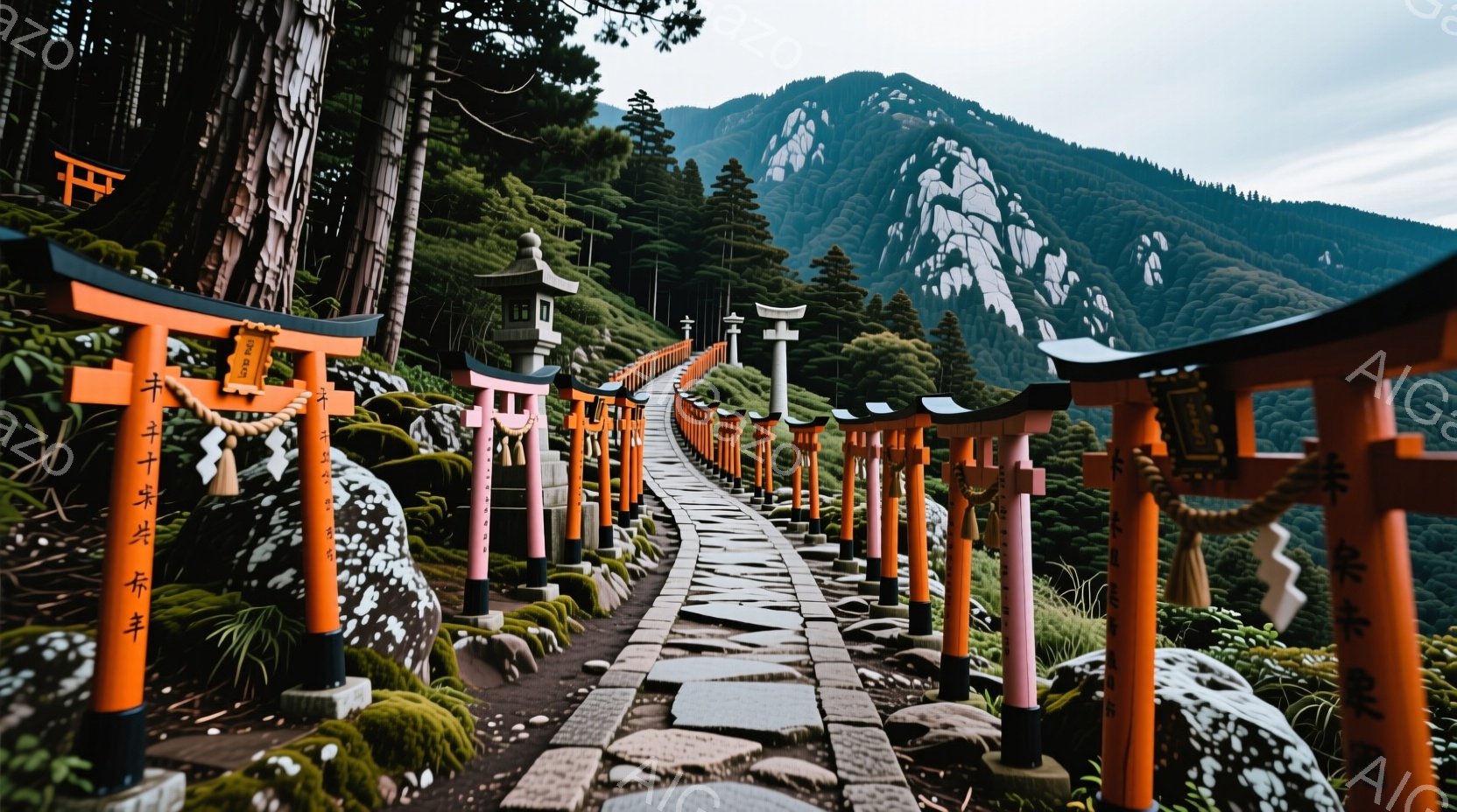 朱色の鳥居が連なる参道が、緑豊かな山々へと続く様子が捉えられています。石畳の道は苔むし、鳥居の根元にはロープが張られ、古風な雰囲気を醸し出しています。背景にはうっそうとした森林と、雲に隠れた山々が望め - AI生成フリー素材