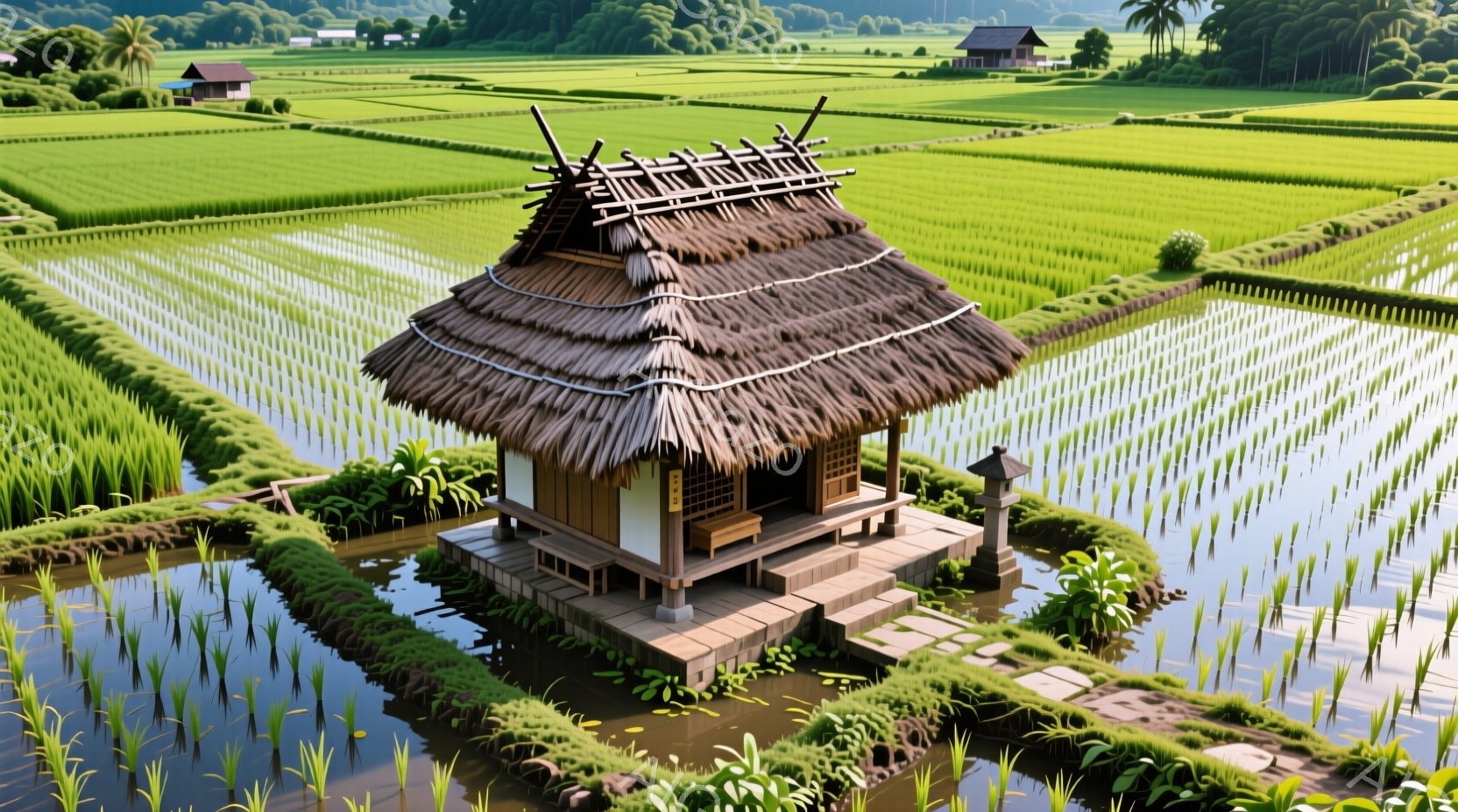 広大な水田の中に、茅葺屋根の小さな建物が浮かんでいます。周囲は緑豊かな水田で囲まれ、遠くには山々と建物が見えます。静かで穏やかな田園風景が印象的で、自然との調和が感じられます。 - AI生成フリー素材
