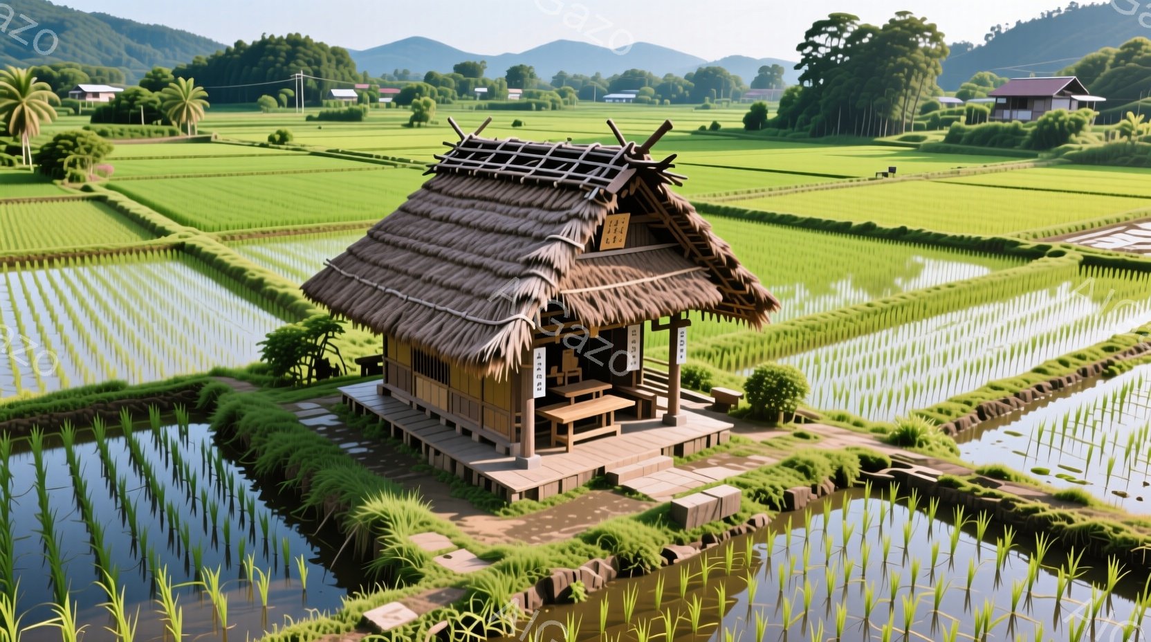 広大な水田の中に、茅葺屋根の小さな建物が佇んでいます。周囲には緑豊かな田んぼが広がり、遠くには山並みが連なっています。建物は簡素な構造で、静かで穏やかな田園風景の中に溶け込んでおり、日本の原風景を感じさせます。