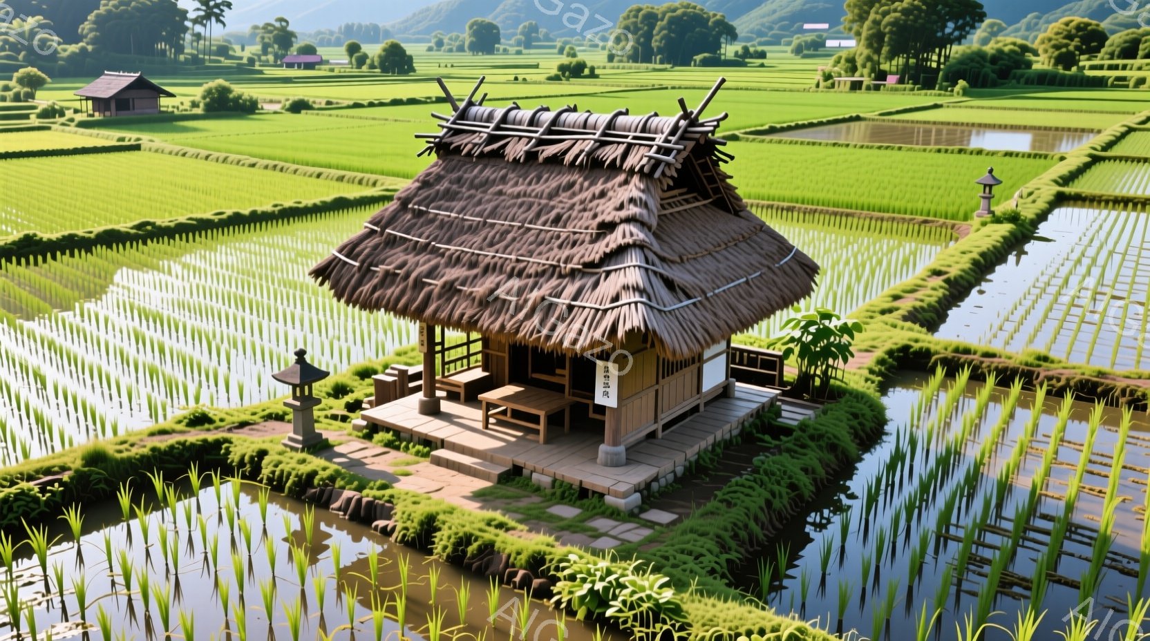 広大な田んぼの中に、茅葺屋根の小さな家が佇んでいます。家の周りには水路が巡り、家へと続く石畳の道と、提灯が設置されています。背景には緑豊かな山々が連なり、穏やかで平和な田園風景が広がっています。 - AI生成フリー素材