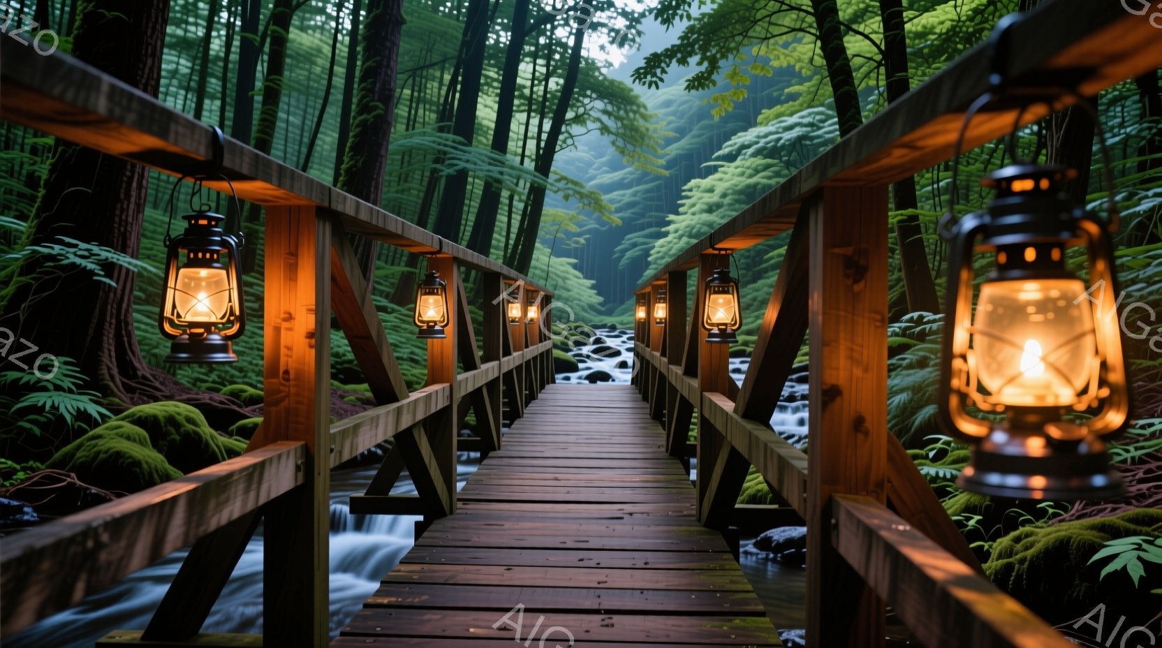 古びた木製の橋が、緑豊かな森林の中を流れる水の流れの上に架かっている。橋の欄干には、温かい光を放つ古いランタンが等間隔に設置されており、幻想的な雰囲気を醸し出している。背景は深い緑色で、霧がかった森が広がり、静寂と神秘的な雰囲気を強調している。