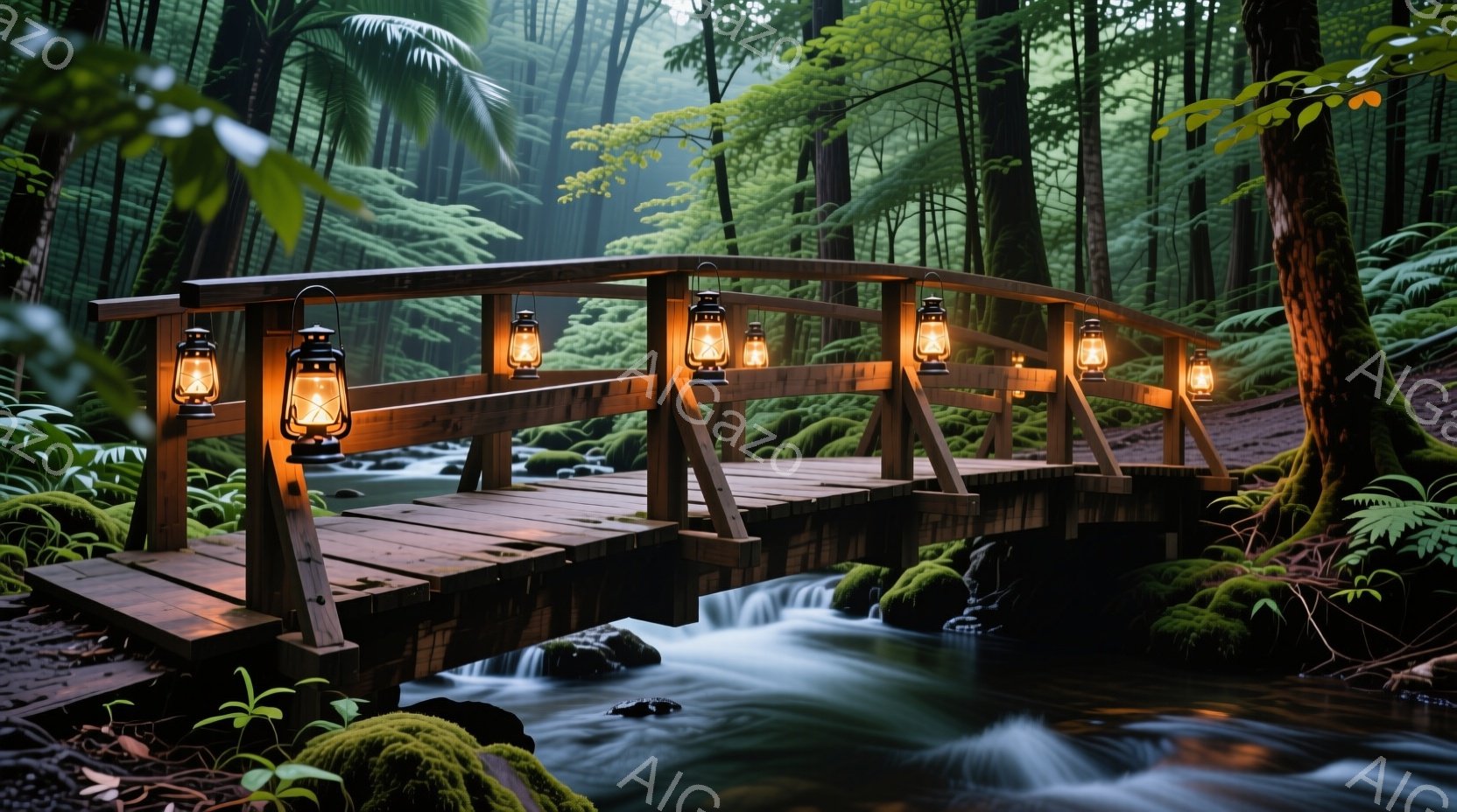 緑豊かな森林の中に、小さな木製の橋が架かっている。橋の上には、温かい光を放つランタンが等間隔に並べられており、夜間や薄暗い雰囲気の中で橋を照らしている。背景には、水が流れ落ちる様子が見られ、苔むした岩や木々が湿った自然の風景を作り出している。