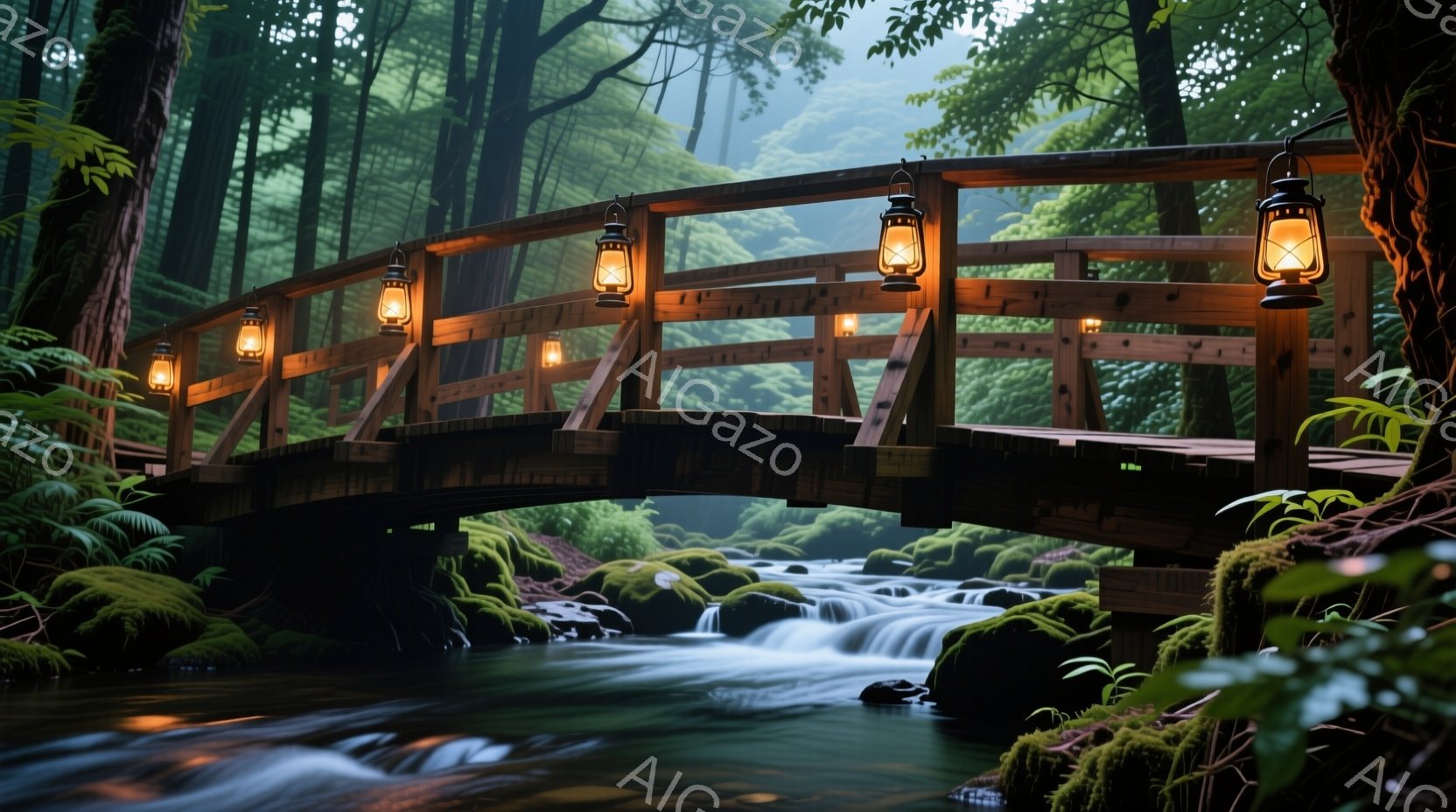 緑豊かな森林の中に、古風な木製の橋が架かっている。橋には等間隔に提灯が灯され、幻想的な雰囲気を醸し出している。橋の下を清らかな水が流れ、苔むした岩と鮮やかな緑の植物が生い茂り、静かで神秘的な自然の風景 - AI生成フリー素材