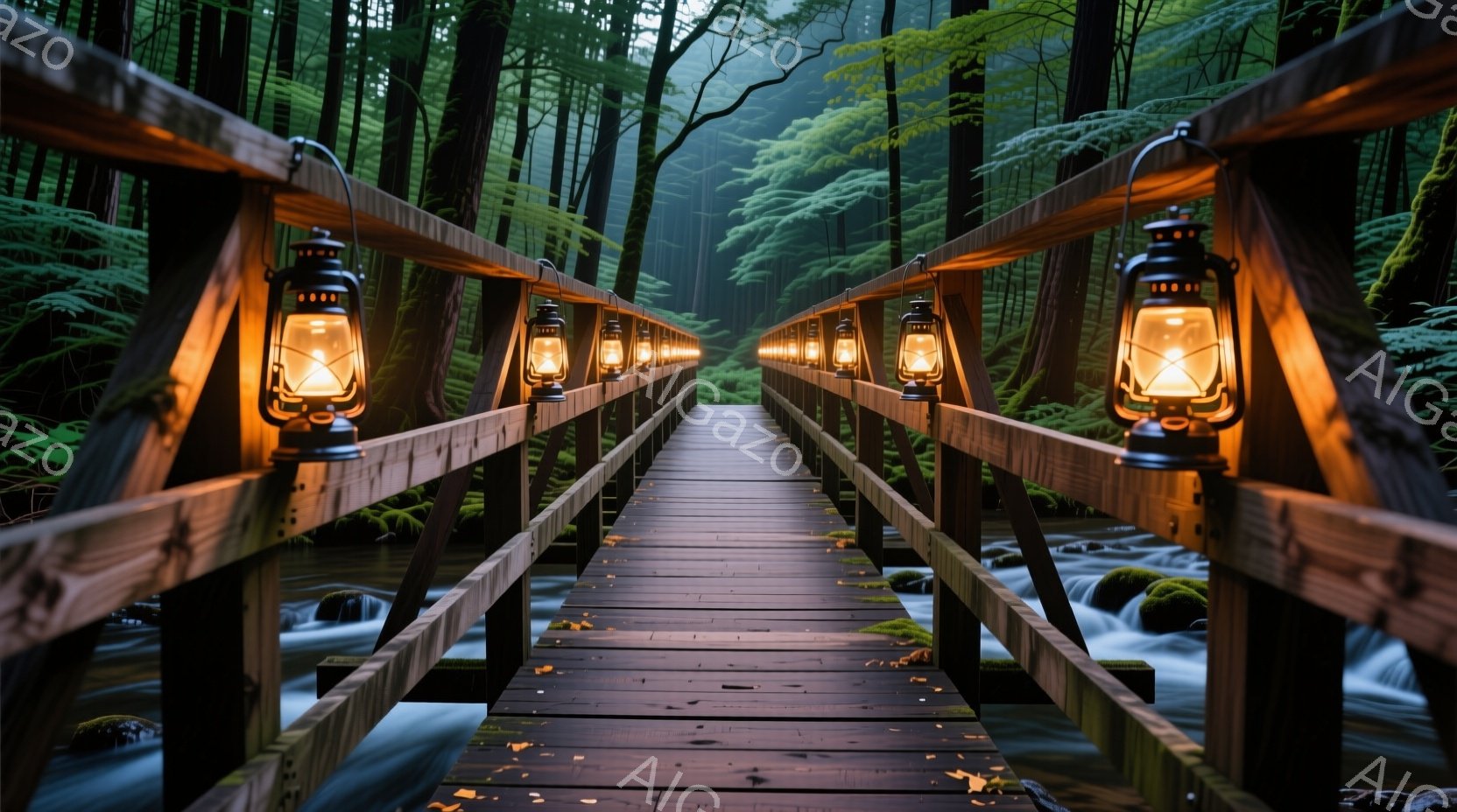 古い木製の橋が、緑豊かな森林の中を流れる清流の上を横切っている。橋の両側には、暖かく光るランタンが等間隔に並べられており、神秘的な雰囲気を醸し出している。背景の木々は深い緑色で、霧がかかっており、静かで幻想的な風景を作り出している。