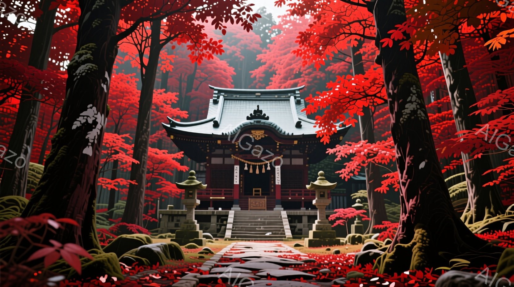 赤い紅葉に囲まれた神社が、石段を上がって見えます。神社の建築は伝統的な様式で、鮮やかな朱色と黒色が特徴的です。背景の木々が生い茂り、静寂で神秘的な雰囲気を醸し出しています。