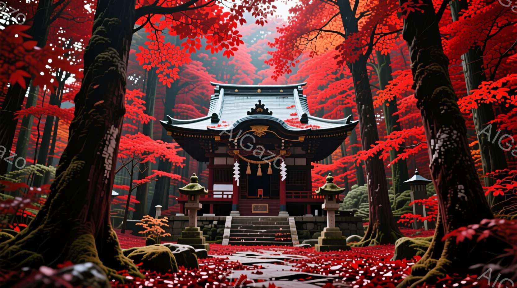 深紅の紅葉に囲まれた、鮮やかな朱色の小さな神社が描かれています。石段を上ると、簡素ながらも美しい社殿が佇み、両脇には石灯籠が配置されています。背景には高くそびえる木々が広がり、落ち葉が舞う幻想的な雰囲 - AI生成フリー素材