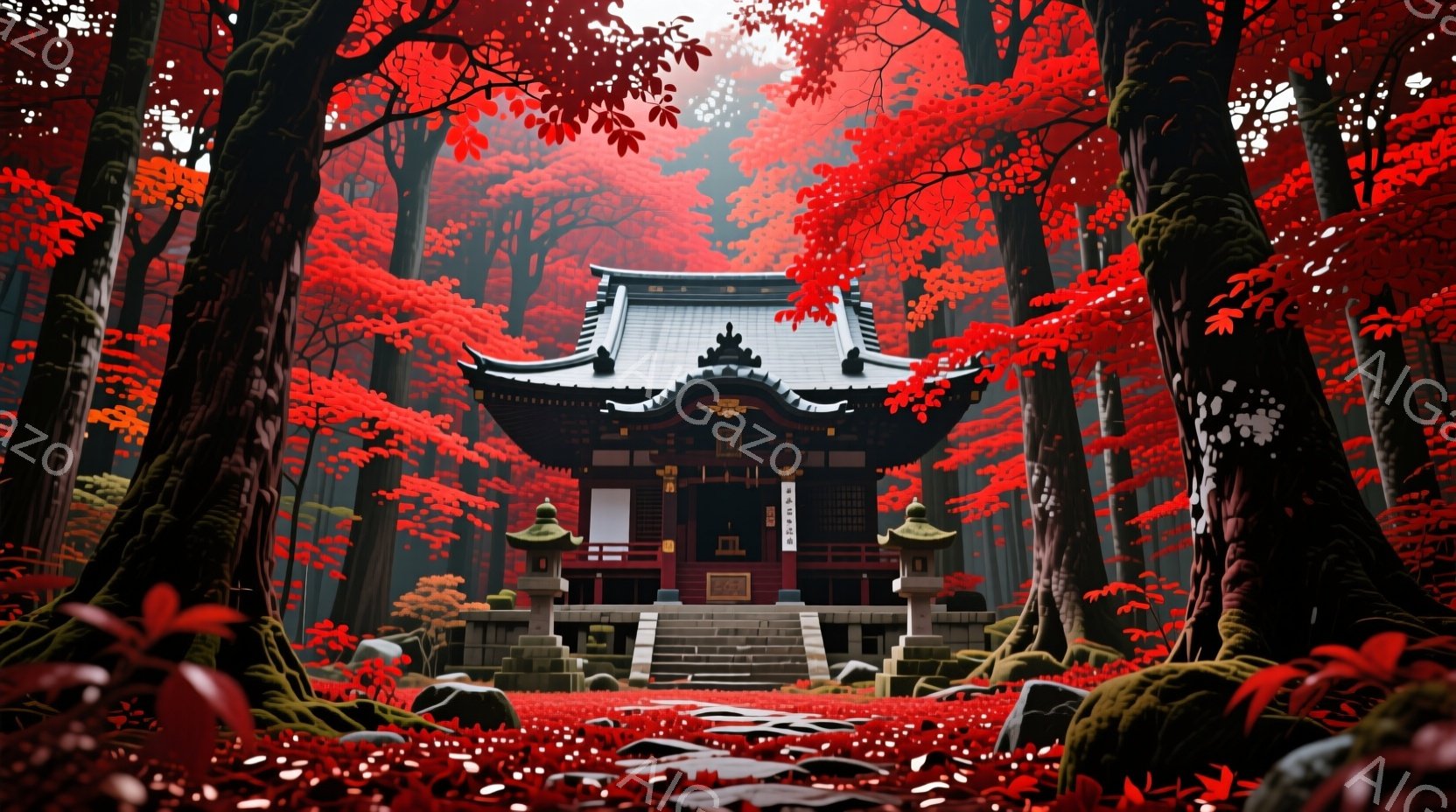 鮮やかな紅葉に囲まれた寺院が、深い森の中にひっそりと佇んでいます。寺院は瓦屋根と木造建築で、苔むした石灯籠や階段が配置され、古風な雰囲気を醸し出しています。地面は真っ赤な紅葉で覆われ、静寂の中にも力強い自然の息吹を感じさせる、神秘的な光景です。