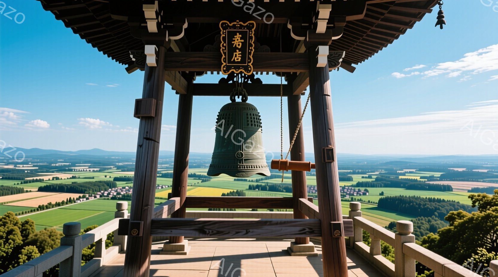 鐘楼が丘の上に建っており、その下には緑豊かな田園風景が広がっている。鐘は暗褐色で、木製の柱と屋根によって支えられ、遠くの山々が霞んで見える晴天の空が背景にある。全体的に、平和で静寂な、自然に囲まれた場所の雰囲気が漂っている。