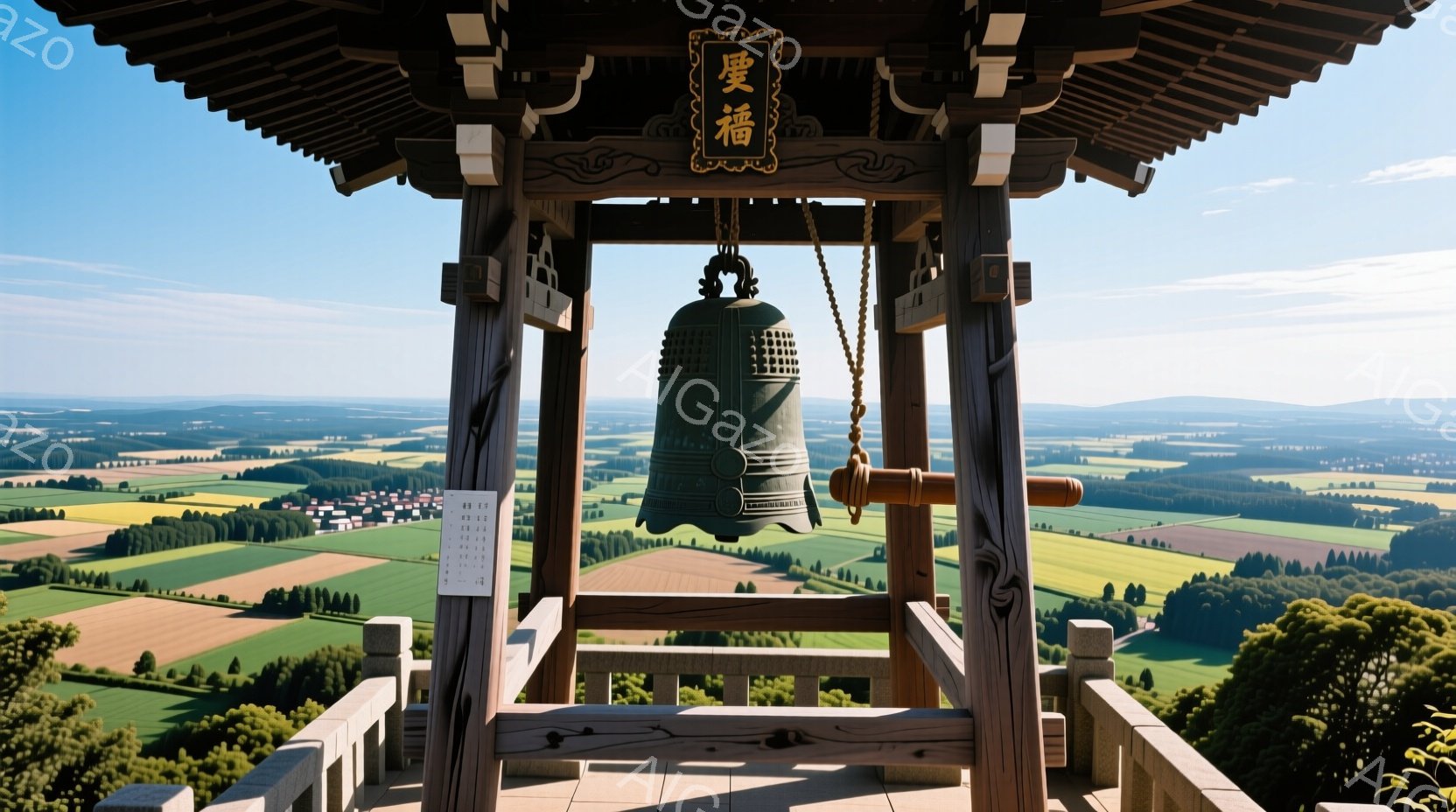 広大な田園風景を見下ろす鐘楼が写っている。緑豊かな畑が広がり、遠くには山々が見える。鐘楼自体は木造で、古風な装飾が施されており、日本の伝統的な建築様式を反映している。