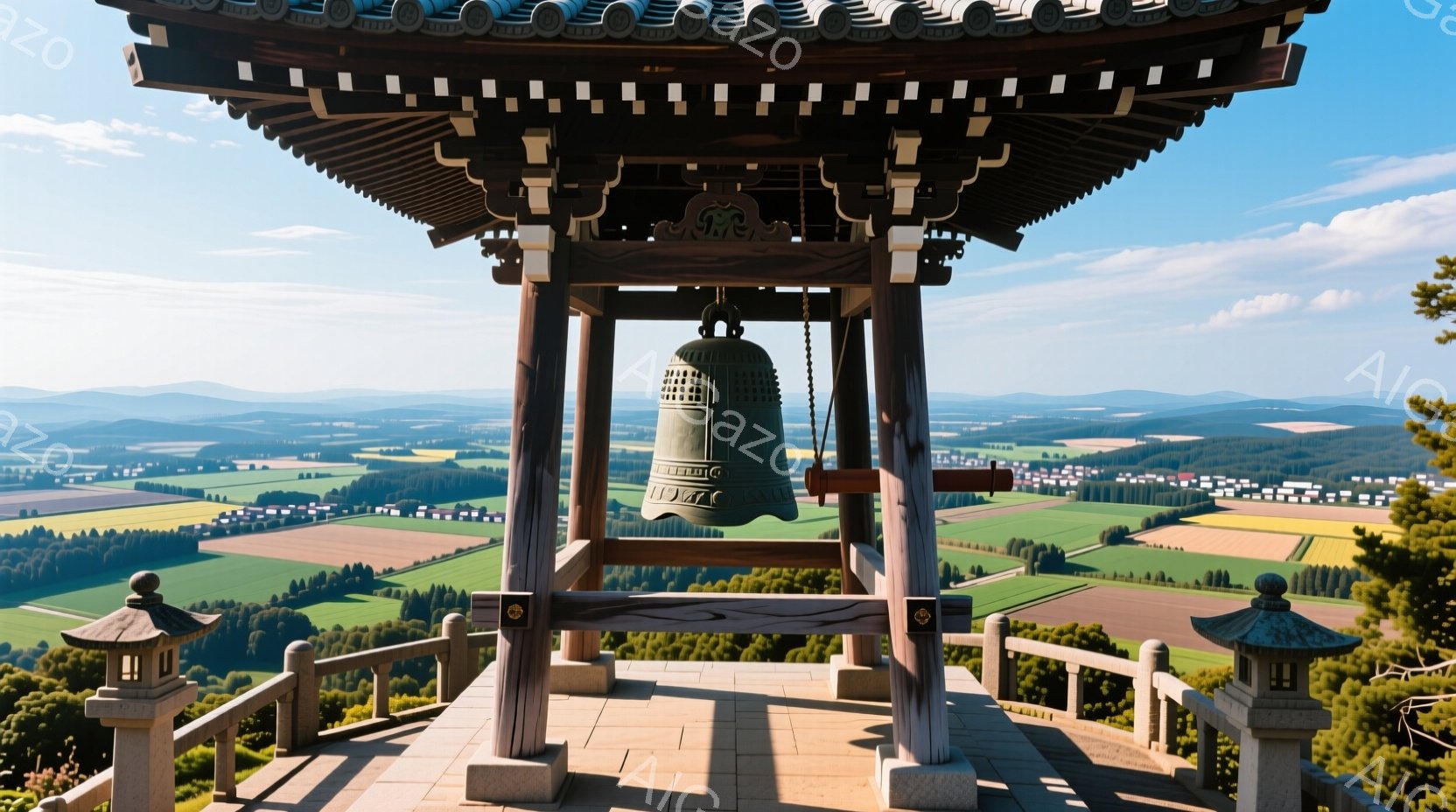 青々とした田園風景を見下ろす丘の上に、木製の鐘楼が建っている。鐘は古風なデザインで、木製の骨組みに吊り下げられており、周囲には石灯籠が配置されている。晴天の下、緑豊かな自然と鐘楼の落ち着いた雰囲気が調和し、静寂で穏やかな空間が広がっている。