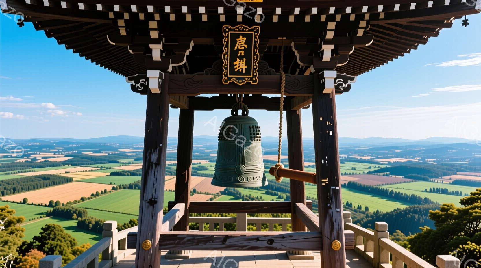 鐘楼が画面中央に位置し、緑豊かな田園風景を見下ろしています。鐘は青銅色で、木造の鐘楼は伝統的な建築様式で、屋根には美しい装飾が施されています。背景には広大な平野が広がり、遠くには山々が見え、晴天の下、穏やかで平和な雰囲気が漂っています。