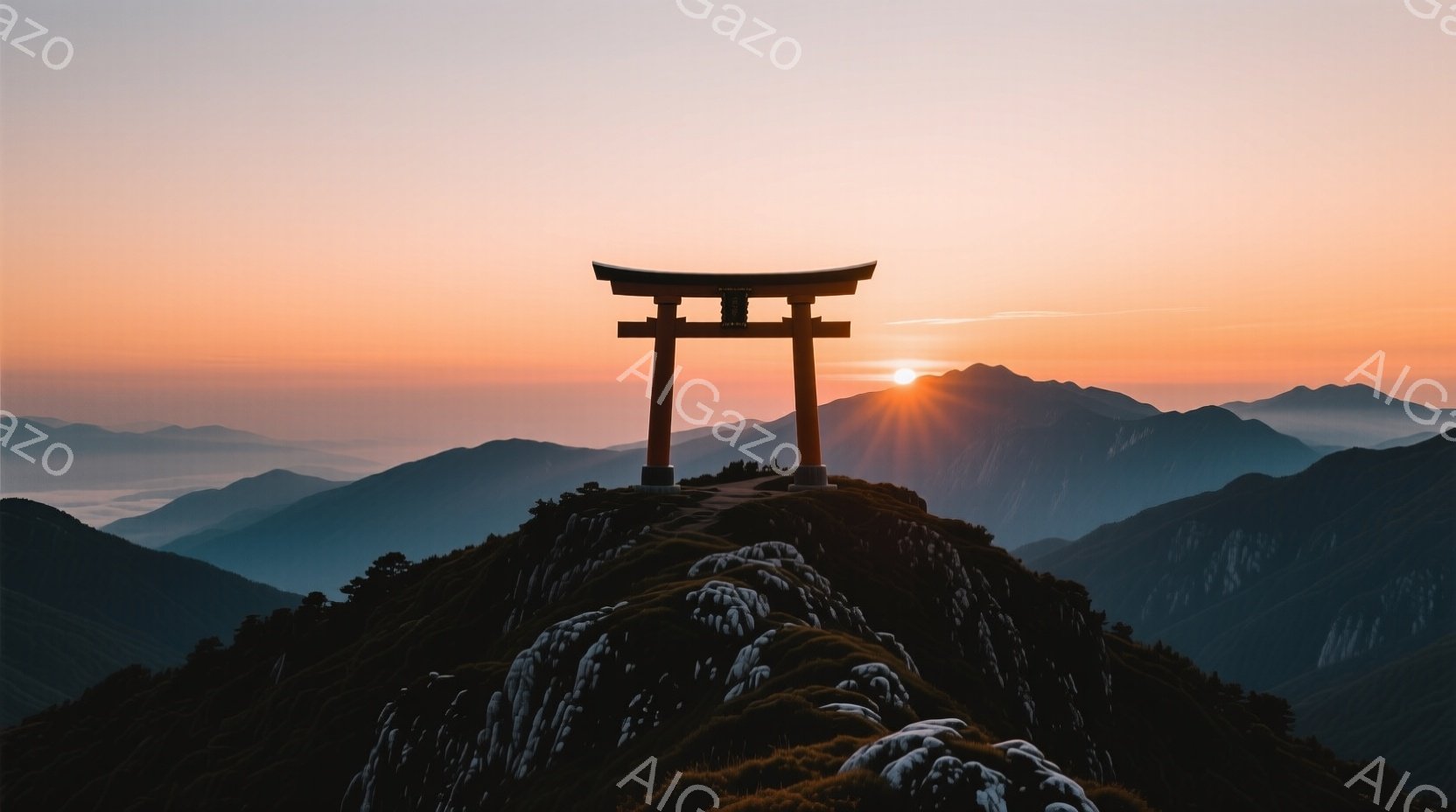 丘の上に鳥居がそびえ立ち、背景には霞んだ山々が連なっている。夕焼けのオレンジとピンク色が空を染め、鳥居を照らし出している。全体的に静かで荘厳な雰囲気が漂い、自然の美しさと日本の伝統が感じられる。 - AI生成フリー素材
