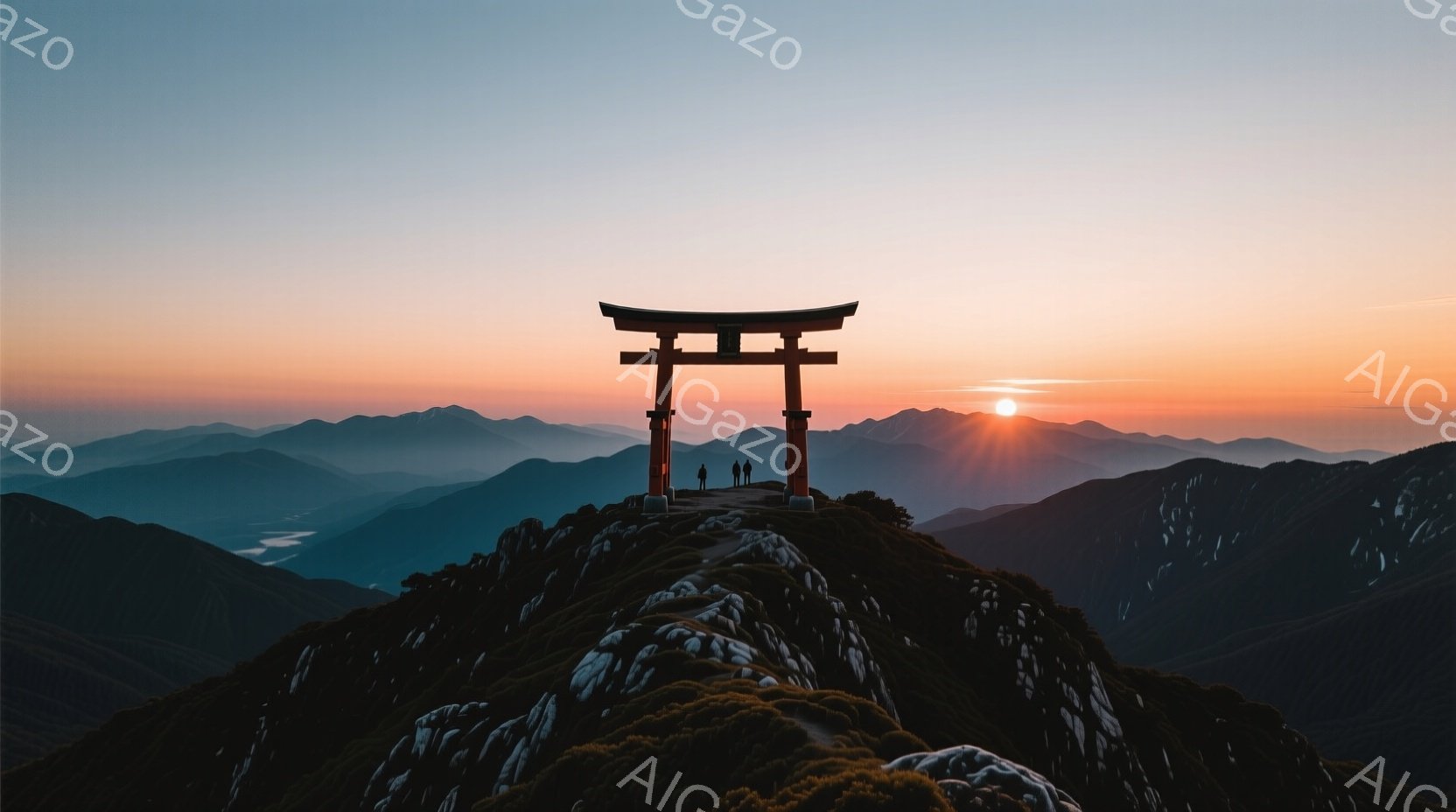 鮮やかな夕焼けを背景に、山頂に立つ朱色の鳥居が印象的である。鳥居の間に二人の人物がシルエットとなって佇んでおり、遠くの山々が霞んで見える。全体的に静寂で神秘的な雰囲気が漂い、自然の雄大さと共に日本の伝 - AI生成フリー素材