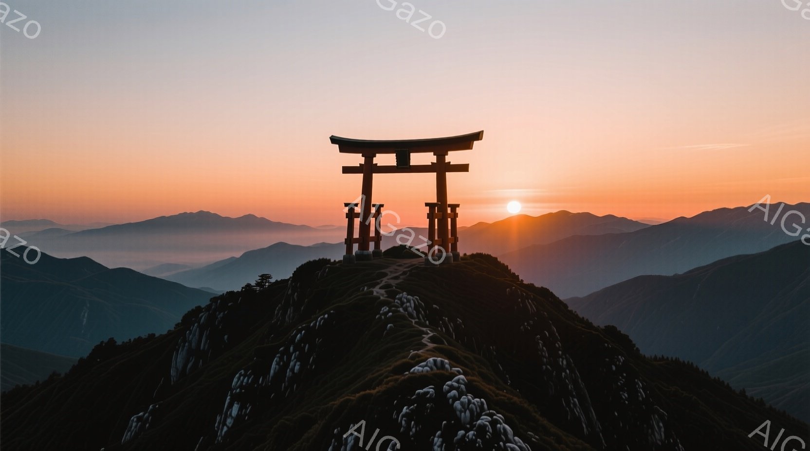 燃えるような夕焼けを背景に、山頂に鳥居がそびえ立っている。山の斜面には緑が生い茂り、鳥居へと続く石段が蛇行している。背景には霞んだ山々が連なり、神聖で静寂な雰囲気を醸し出している。 - AI生成フリー素材