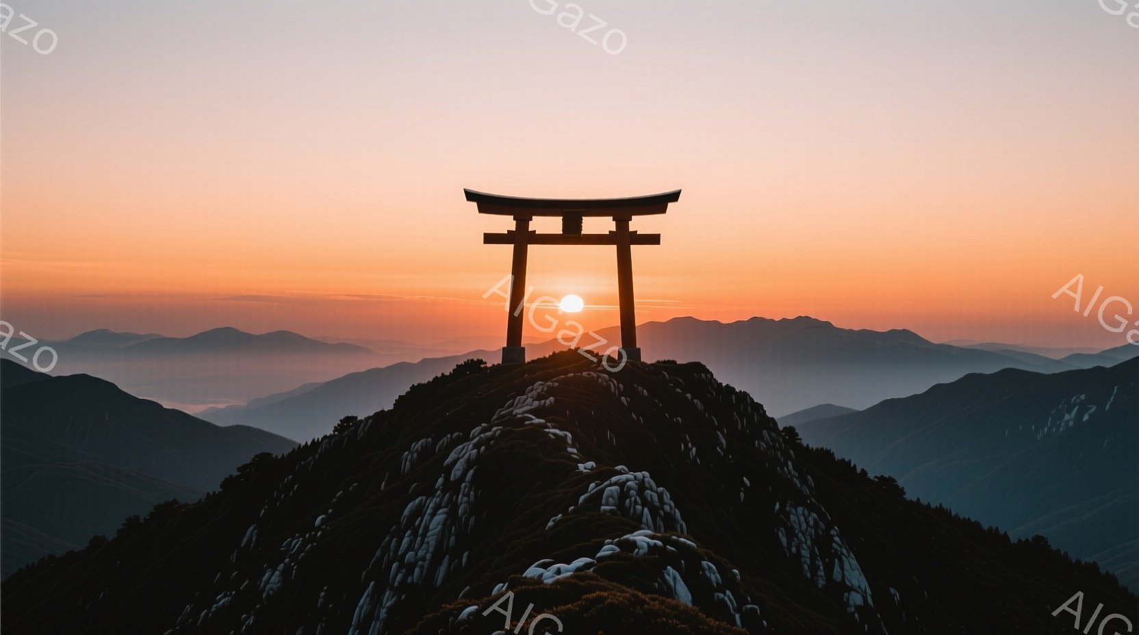 山頂に鳥居がシルエットで浮かび上がり、背後には朝日が黄金色に輝いている。山は緑豊かな植生で覆われ、遠景には霞んだ山々が連なっている。全体的に静寂で神秘的な雰囲気が漂い、自然の美しさと神聖さを感じさせる。