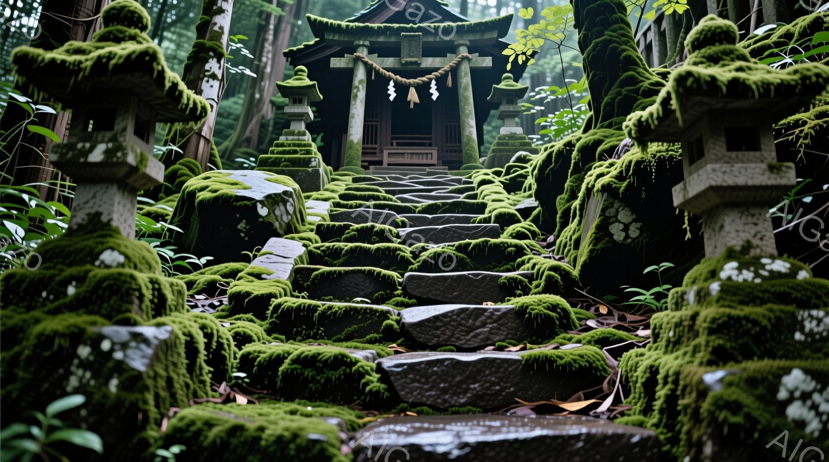 緑が生い茂る石段が、苔むした石灯籠と共に神社の本殿へと続く様子が捉えられている。本殿は木造で、簡素ながらも厳かな雰囲気を漂わせ、周囲の緑と調和している。雨上がりの湿った空気と苔の緑が、静寂で神秘的な雰 - AI生成フリー素材