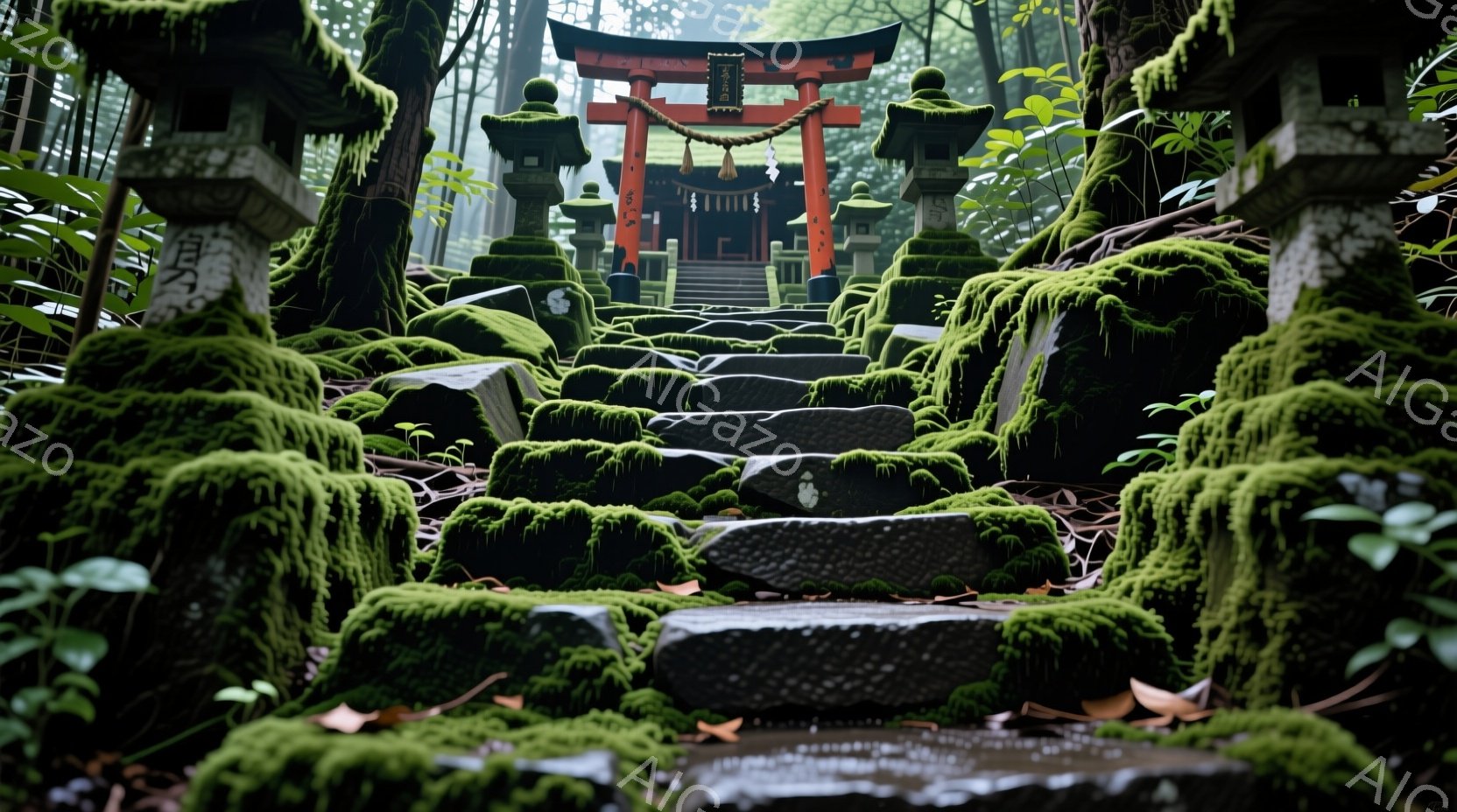 緑豊かな苔に覆われた石段が、鮮やかな朱色の鳥居へと続いています。湿った空気と苔の緑、鳥居の朱色が組み合わさり、静寂で神秘的な雰囲気を醸し出しています。背景には深い森が広がり、雨上がりのようなしっとりと - AI生成フリー素材