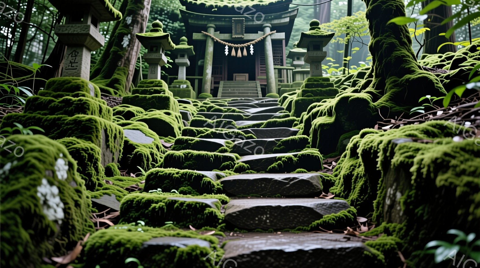 日本の森林寺院の石段を登るためのステップを見ることができます。石段は植物に覆われており、その中央には木製の祭壇があります。周囲の森林は生い茂っており、落葉樹が見受けられます。様々な自然的な要素がこの寺院の環境を定義しているように見えます。