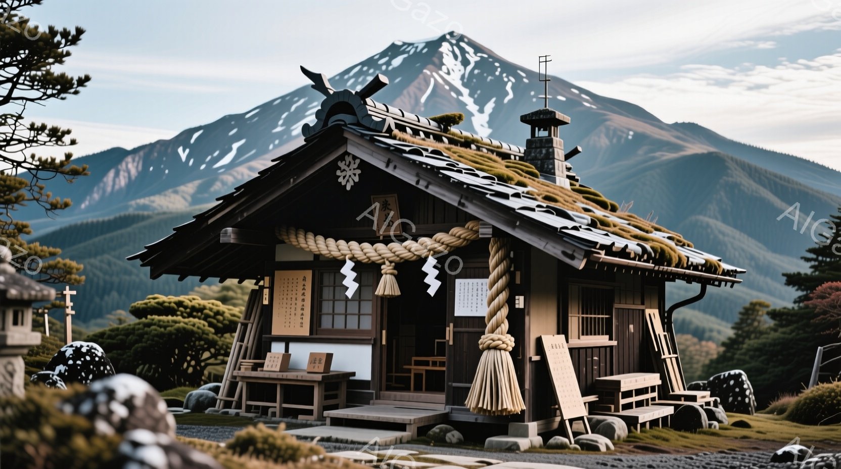 険しい山々を背景に、藁葺き屋根の小さな建物が佇んでいます。建物の正面には、縄で結ばれた注連縄が飾られ、厳かな雰囲気を醸し出しています。周囲には緑豊かな庭園と石灯籠が配置され、静寂と自然の美しさが感じられます。