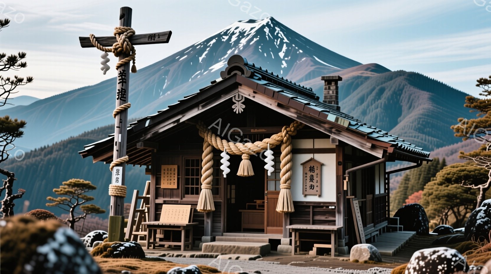 鮮やかな緑と茶色の山々に囲まれた、小さな神社の建物が描かれています。屋根には雪が積もり、入り口には注連縄が飾られ、厳かな雰囲気を醸し出しています。背景には富士山がそびえ立ち、神聖で静謐な空間を表現しています。
