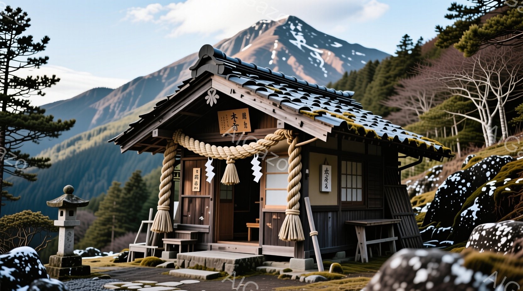 山々に囲まれた小さな神社が、緑豊かな自然の中に佇んでいます。屋根は瓦で覆われ、正面には注連縄が飾られ、厳かな雰囲気を醸し出しています。石灯籠や苔むした岩など、自然との調和が感じられる、静かで穏やかな光景です。