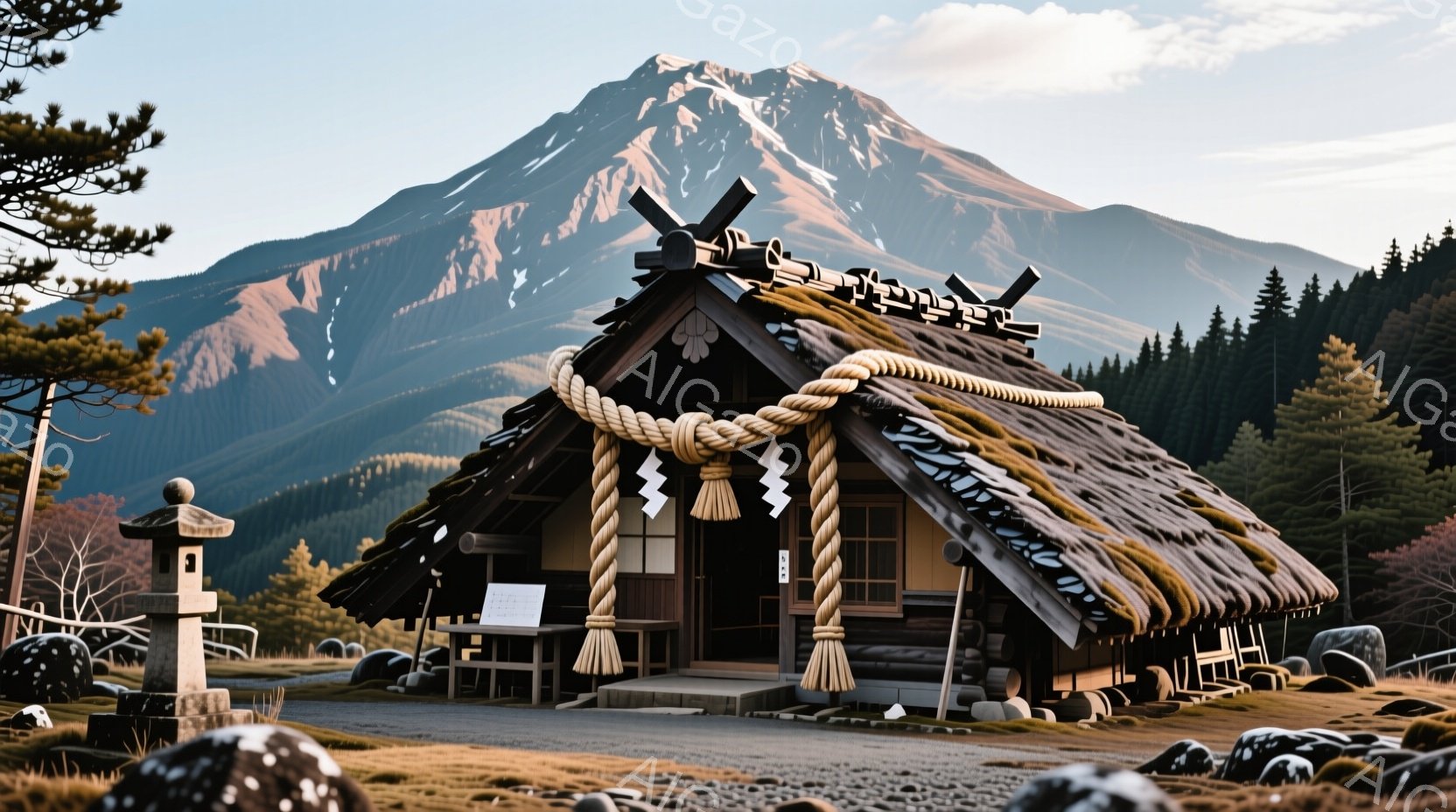 鬱蒼とした森林の中に、茅葺屋根の伝統的な建物が佇んでいます。背景には雪を抱いた富士山がそびえ立ち、自然の雄大さと静寂が感じられます。石畳の道と庭石が建物を囲み、古風で神聖な雰囲気を醸し出しています。