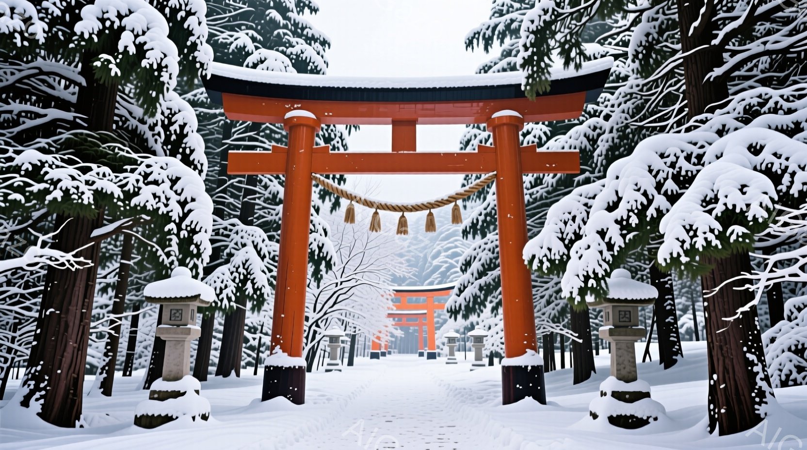 雪が降り積もる中、朱色の鳥居が連なる風景が広がっています。両脇には石灯籠が立ち並び、遠くにも鳥居が見えることから、神社の参道であることがわかります。雪景色と朱色のコントラストが美しく、静寂で神聖な雰囲 - AI生成フリー素材