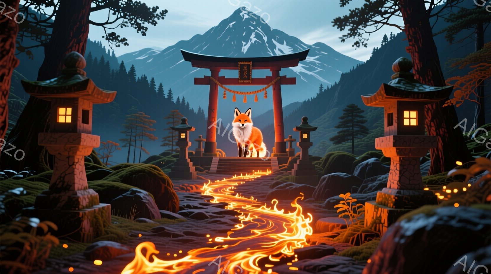 鮮やかな朱色の鳥居が、緑豊かな森林と雪を抱く山々を背景にそびえ立っています。鳥居へと続く石畳の道には、炎のような模様が浮かび上がり、その前に一匹の狐が堂々と立っています。周囲には石灯籠が配置され、神秘 - AI生成フリー素材