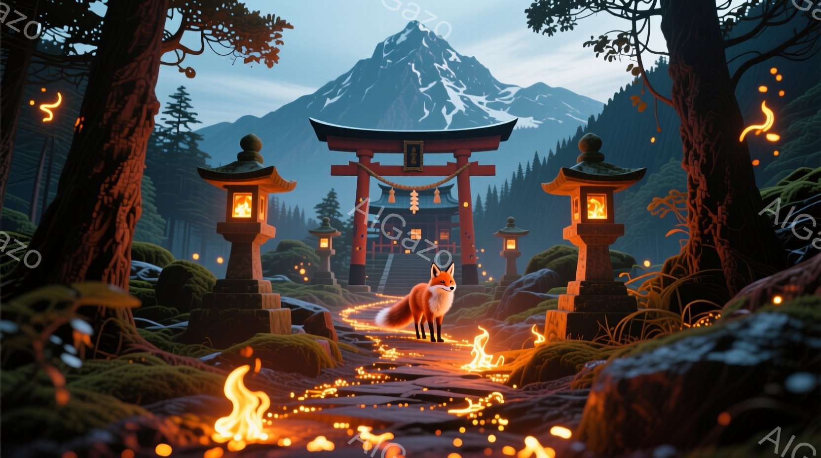 朱色の鳥居と石段が続く参道に、一匹の狐が佇んでいます。背景には雪を抱いた山々と緑豊かな森林が広がり、参道には暖かな光を放つ提灯と炎が配置されています。全体的に神秘的で幻想的な雰囲気が漂い、まるで物語の - AI生成フリー素材
