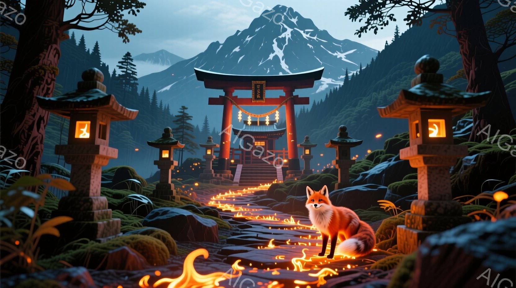 鬱蒼とした森の中に朱色の鳥居が立ち並び、石段を照らす無数の提灯が幻想的な光を放っている。遠くには雪を抱いた山々がそびえ立ち、自然豊かな風景の中に狐がたたずみ、神秘的な雰囲気を醸し出している。提灯の灯り - AI生成フリー素材
