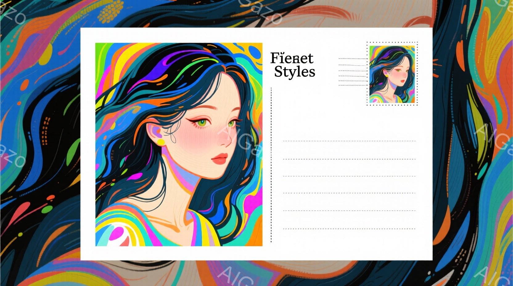 鮮やかな色彩で描かれた若い女性が描かれている。彼女はゆるやかに巻いた黒髪で、エメラルドグリーンの目をしている。背景は渦巻くような虹色のストライプで、夢幻的でサイケデリックな雰囲気を醸し出している。