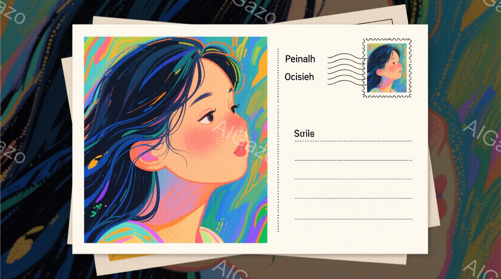 明るい色彩が印象的なイラストで、若い女性が描かれています。彼女は肩出しのトップスを着ており、長い黒髪をなびかせています。憂いを帯びた表情で、どこか遠くを見つめており、全体的にノスタルジックで夢幻的な雰囲気を醸し出しています。