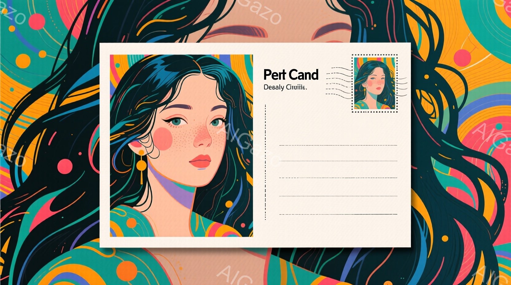 明るい背景に、赤い唇とそばかすのある若い女性が描かれています。彼女は肩までの長さの黒髪で、少し微笑んでいます。背景は、鮮やかなピンク、紫、青、緑の曲線と円で構成されており、全体的に華やかでポップな雰囲 - AI生成フリー素材