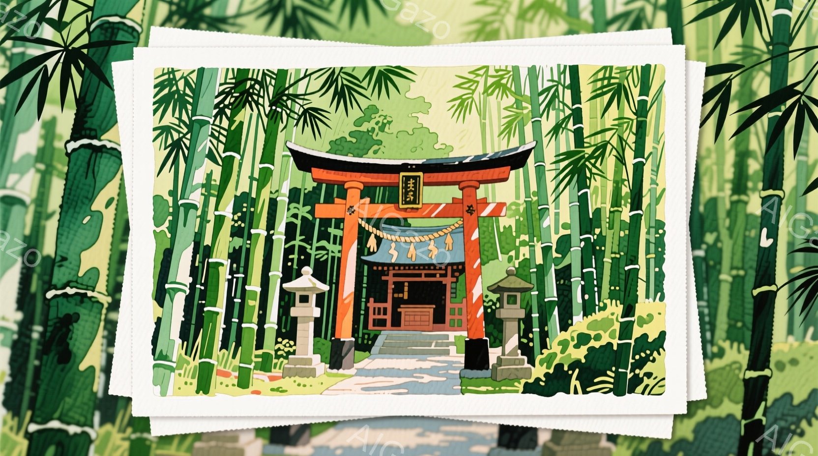 鮮やかな朱色の鳥居が、背の高い竹林の中にひっそりと佇んでいます。石段と灯籠が鳥居へと繋がり、静かで神聖な雰囲気を醸し出しています。緑豊かな竹林と朱色の鳥居のコントラストが美しく、日本の伝統的な風景を表 - AI生成フリー素材