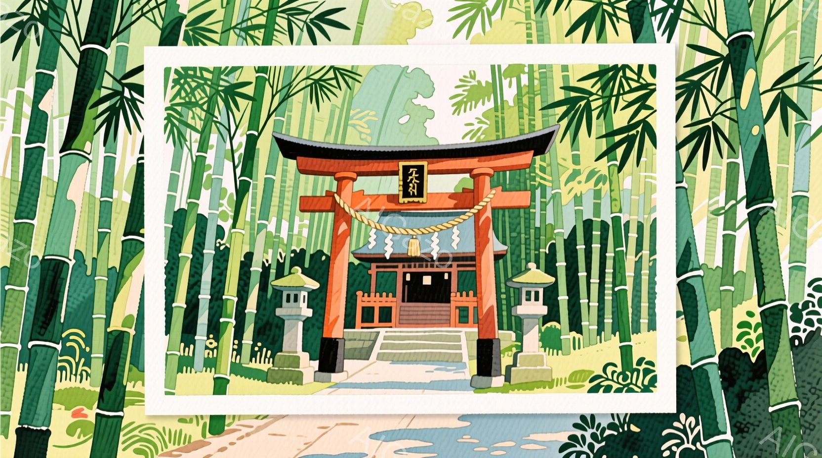 朱色の鳥居が中央に位置し、その奥には簡素な構造の建物が見えます。緑豊かな竹林に囲まれ、石畳の道が鳥居へと続いており、静かで穏やかな雰囲気を醸し出しています。建物の上には瓦屋根があり、周囲には石灯籠が配 - AI生成フリー素材