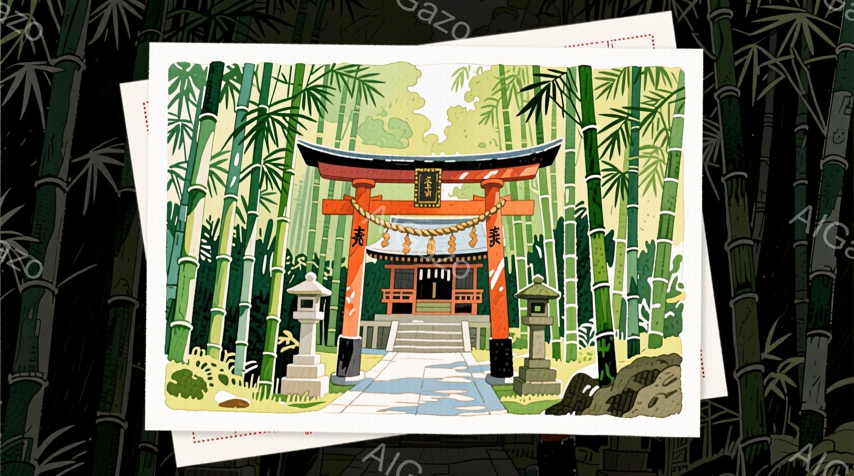 朱色の鳥居が中央に配置され、白い建物が奥に見える、静かな神社の一角が描かれています。緑豊かな竹林と石灯籠が周囲を囲み、穏やかで神聖な雰囲気を醸し出しています。全体的に水彩画のような淡い色彩が、静寂と調和を感じさせます。