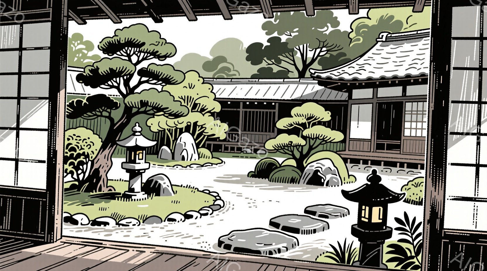 庭園が描かれており、白砂と岩、手入れの行き届いた木々が配置されています。石灯籠が庭のアクセントとなり、日本の伝統的な庭園の静寂と美しさを表現しています。背景には木造建築が見え、穏やかな自然と調和した雰 - AI生成フリー素材