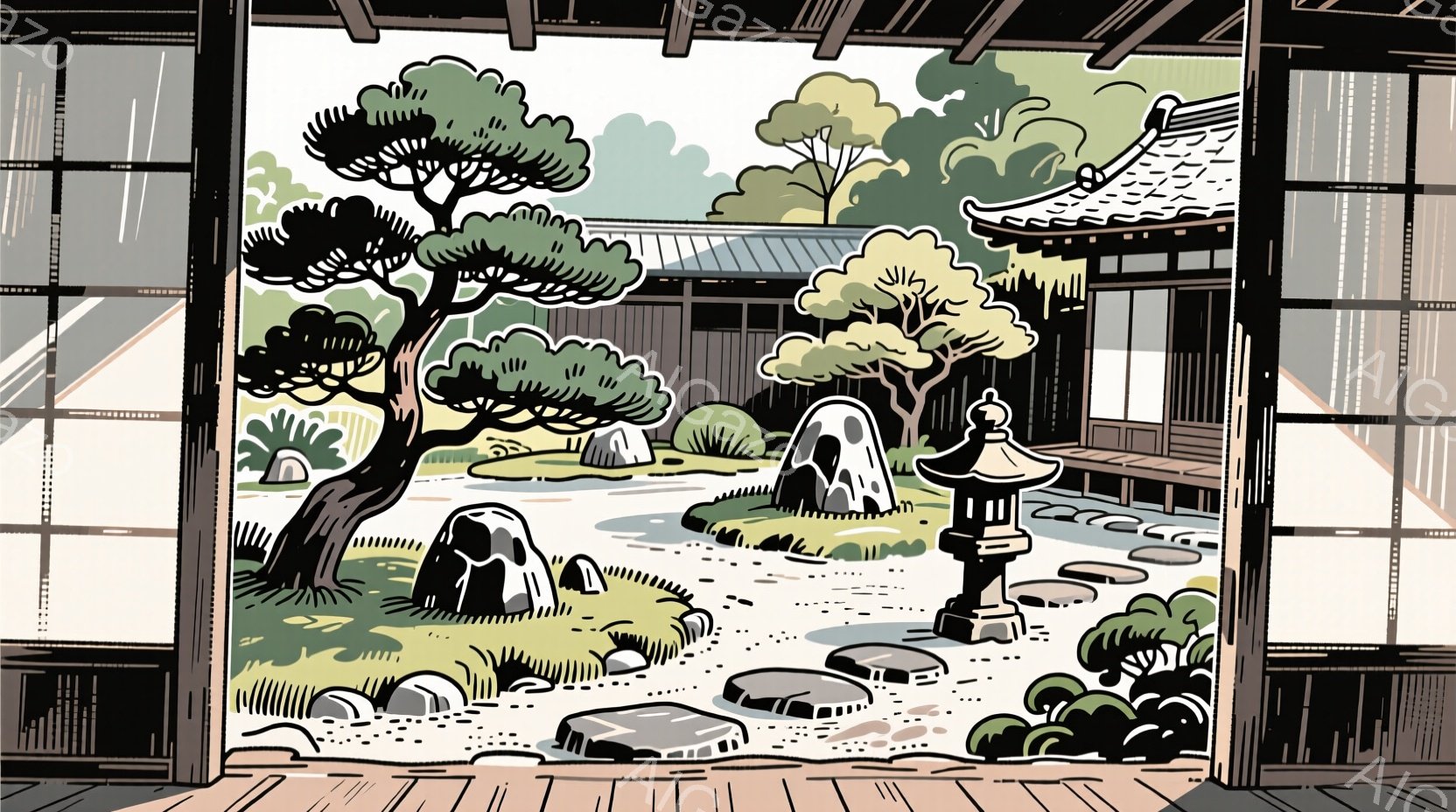 日本庭園が描かれており、手入れされた砂利と配置された岩、そして緑豊かな木々が特徴的です。石灯籠が庭の中心にあり、背景には伝統的な日本の建築物が穏やかに佇んでいます。全体的に静寂と調和を感じさせる、平和 - AI生成フリー素材