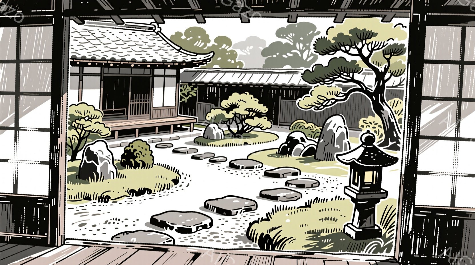 庭園が描かれており、石畳の道が曲がりくねって、様々な大きさの石を通り抜けている。背景には、伝統的な日本の建物が見え、緑豊かな木々が庭園全体を覆っている。全体として、静かで穏やかな雰囲気の、手入れの行き - AI生成フリー素材