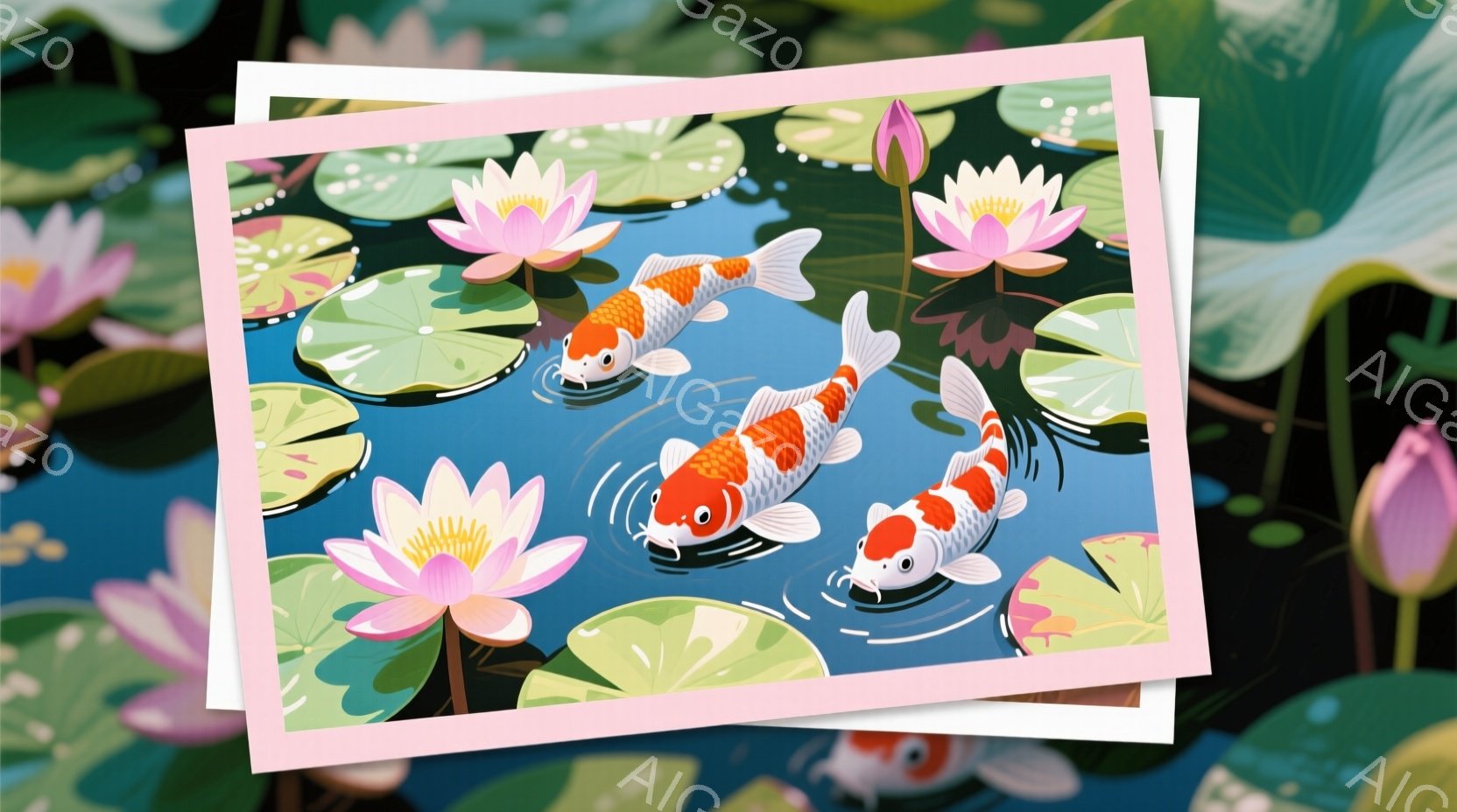 色鮮やかな鯉が数匹、水面に浮かぶ蓮の葉の間を泳いでいる様子が描かれている。ピンクと白の美しい蓮の花が咲き誇り、水面には波紋が広がっている。全体的に穏やかで、平和な雰囲気を醸し出している。 - AI生成フリー素材