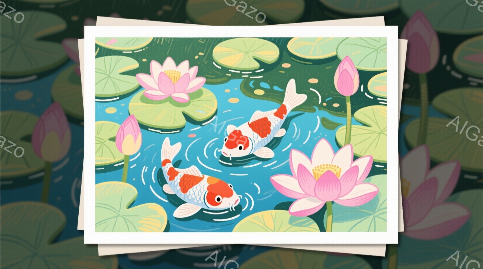 水面に浮かぶ蓮の花と、その周りを泳ぐ2匹の鯉を描いたイラストレーションです。鯉は赤と白の模様を持ち、活発に水面を泳いでいます。背景には緑色の蓮の葉が浮かび、全体的に穏やかで平和な雰囲気を醸し出しています。