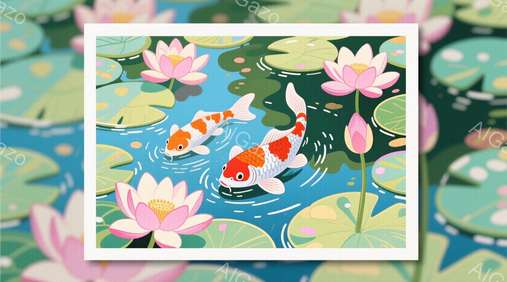 ピンク色の蓮の花と緑の蓮の葉が浮かぶ水中に、二匹の金色の鯉が泳いでいる様子を描いています。鯉は鮮やかな赤と白の模様を持ち、軽快に水中を泳いでいるように見えます。水面には穏やかな波紋が広がり、全体的に静かで平和な雰囲気を醸し出しています。