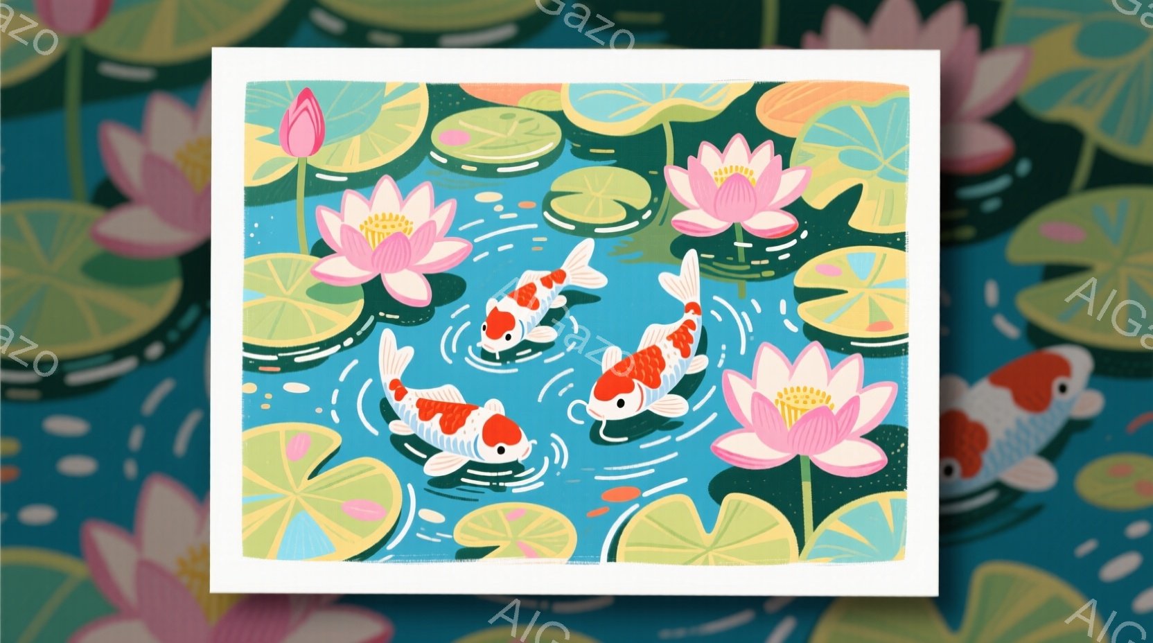 明るいピンク色の蓮の花と、赤と白の鯉が水面に浮かぶ様子が描かれています。緑色の睡蓮の葉が水面を覆い、水紋が波紋のように広がっています。全体的に穏やかで、静かで平和な雰囲気が漂っています。