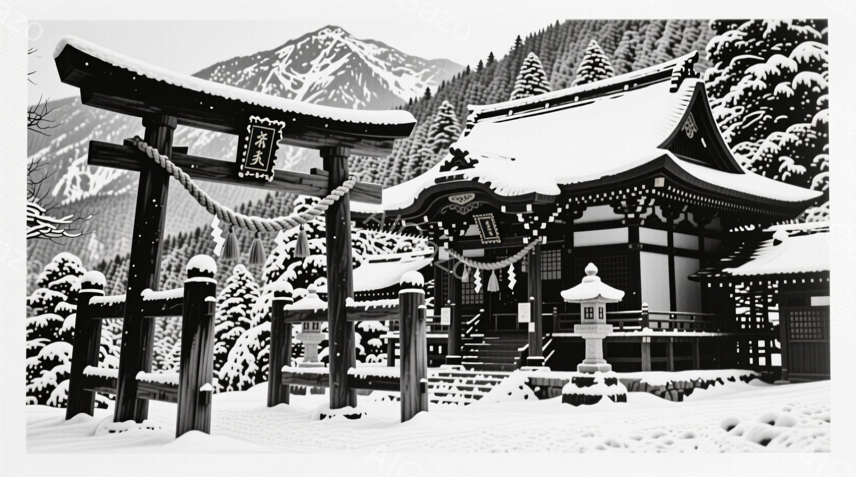 雪に覆われた寺院が、深い森の中に静かに佇んでいます。朱色の鳥居、屋根に雪を乗せた本堂、石灯籠が並び、厳かな雰囲気を醸し出しています。周囲は雪景色で、冬の静寂と神聖さが感じられます。 - AI生成フリー素材